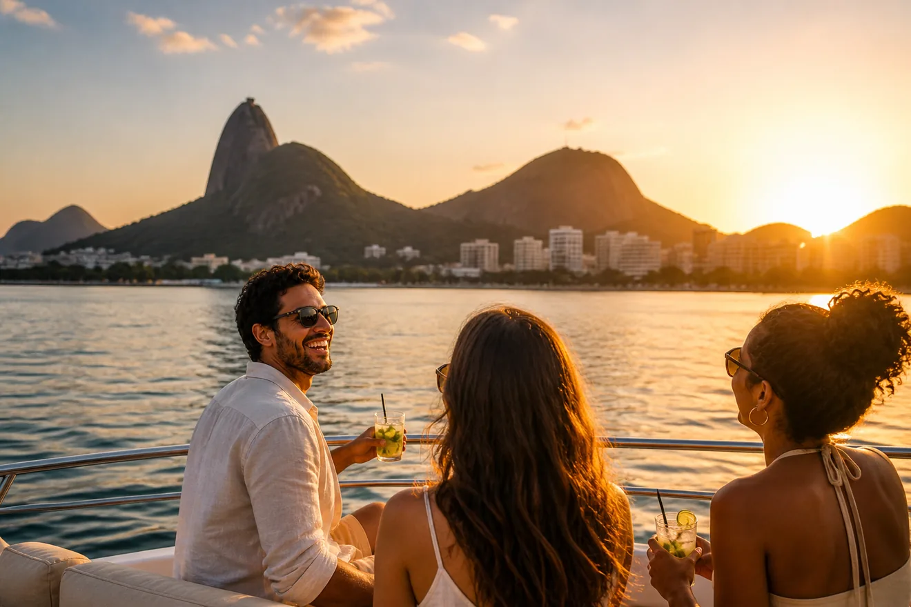 Passeio de barco no Rio de Janeiro ao pôr do sol